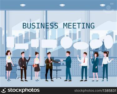Business people meeting, teamwork or brainstorming interior office. Man bosses conduct business negotiations. Business people meeting, teamwork or brainstorming interior office. Man bosses conduct business negotiations speaks before his colleagues with speach bubbles. Vector illustration of a flat cartoon style design