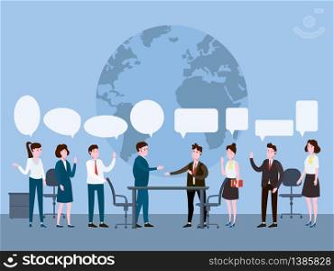 Business people meeting, teamwork or brainstorming. Man bosses conduct business negotiations. Business people meeting, teamwork or brainstorming. Man bosses conduct business negotiations speaks before his colleagues with speach bubbles. Vector illustration of a flat cartoon style design