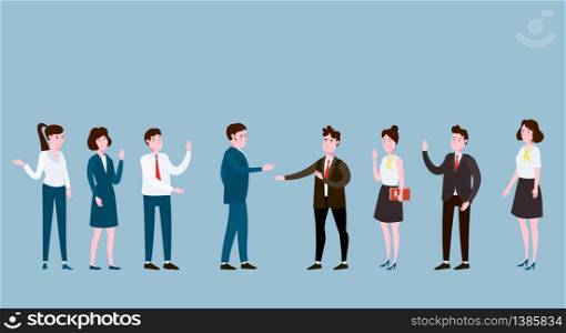 Business people meeting, teamwork or brainstorming. Man bosses conduct business negotiations. Business people meeting, teamwork or brainstorming. Man bosses conduct business negotiations speaks before his colleagues. Vector illustration of a flat cartoon style design