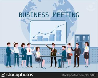 Business people meeting, teamwork or brainstorming, presentation of the project. Business people meeting, teamwork or brainstorming, presentation of the project. Man speaks before his colleagues. Vector illustration of a flat cartoon style design