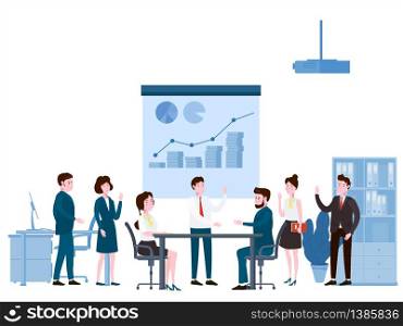 Business people meeting, teamwork or brainstorming, presentation of the project. Presentation of the project, business people meeting, teamwork or brainstorming. Man speaks before his colleagues. Vector illustration of a flat cartoon style design