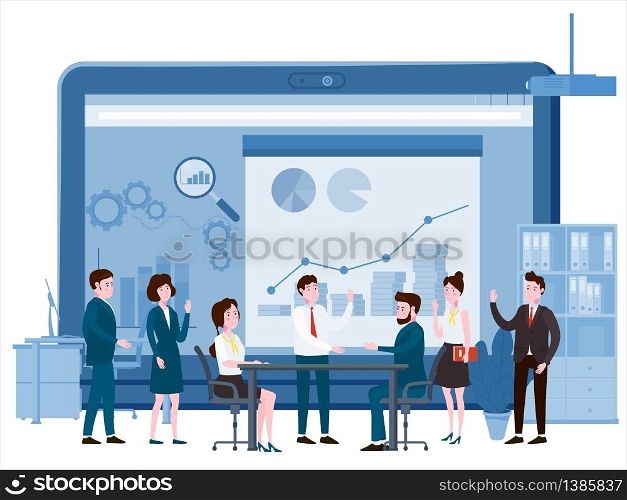 Business people meeting, teamwork or brainstorming, presentation of the project. Presentation of the project, business people meeting, teamwork or brainstorming. Man speaks before his colleagues at a big conference desk. Vector illustration of a flat cartoon style design