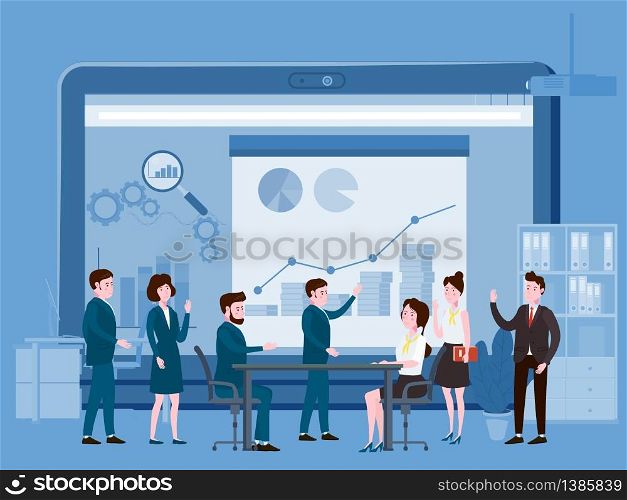 Business people meeting, teamwork or brainstorming, presentation of the project. Presentation of the project, business people meeting, teamwork or brainstorming. Man speaks before his colleagues. Vector illustration of a flat cartoon style design