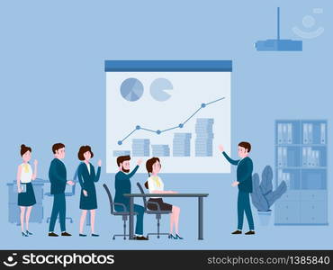 Business people meeting, teamwork or brainstorming, presentation of the project. Presentation of the project, business people meeting, teamwork or brainstorming. Man speaks before his colleagues at a big conference desk. Vector illustration of a flat cartoon style design