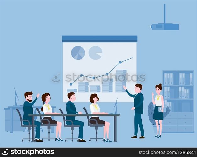 Business people meeting, teamwork or brainstorming, presentation of the project. Presentation of the project, business people meeting, teamwork or brainstorming. Man speaks before his colleagues at a big conference desk. Vector illustration of a flat cartoon style design