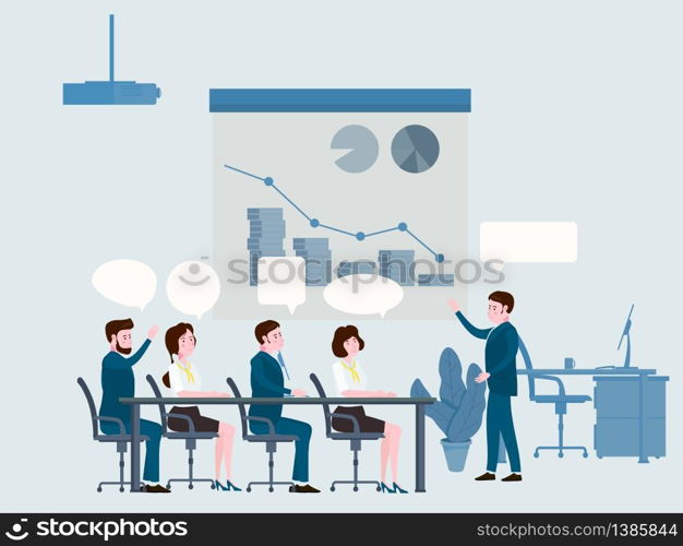 Business people meeting, teamwork or brainstorming, presentation of the project. Presentation of the project, business people meeting, teamwork or brainstorming with speach bubbles. Man speaks before his colleagues at a big conference desk. Vector illustration of a flat cartoon style design