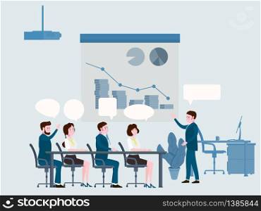 Business people meeting, teamwork or brainstorming, presentation of the project. Presentation of the project, business people meeting, teamwork or brainstorming with speach bubbles. Man speaks before his colleagues at a big conference desk. Vector illustration of a flat cartoon style design