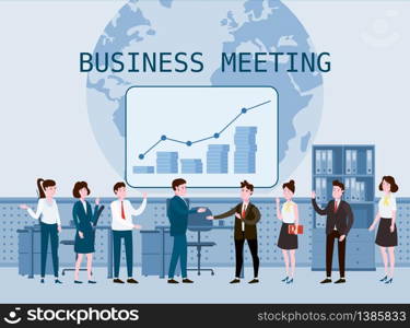 Business people meeting, teamwork or brainstorming. Presentation of the project. Man bosses conduct business negotiations. Business people meeting, teamwork or brainstorming, presentation of the project. Man bosses conduct business negotiations speaks before his colleagues. Vector illustration of a flat cartoon style design