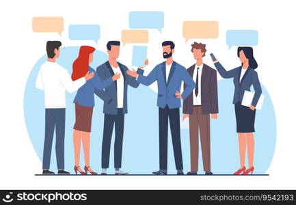 Business people, men and women talking to each other. Empty speech bubbles. Brainstorming process, discussing and communication, group of employees cartoon flat isolated illustration. Vector concept. Business people, men and women talking to each other. Empty speech bubbles. Brainstorming process, discussing and communication, group of employees cartoon flat isolated vector concept