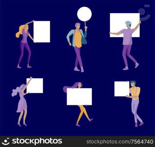 Business people moving, dancing and holding blank banner and stand. People taking part in parade or rally. Male and female protesters or activists. Modern vector illustration flat concepts character. Business people moving, dancing and holding blank banner and stand. People taking part in parade or rally. Male and female protesters or activists. Modern vector illustration flat concepts