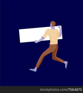 Business people moving, dancing and holding blank banner and stand. People taking part in parade or rally. Male and female protesters or activists. Modern vector illustration flat concepts character. Business people moving, dancing and holding blank banner and stand. People taking part in parade or rally. Male and female protesters or activists. Modern vector illustration flat concepts