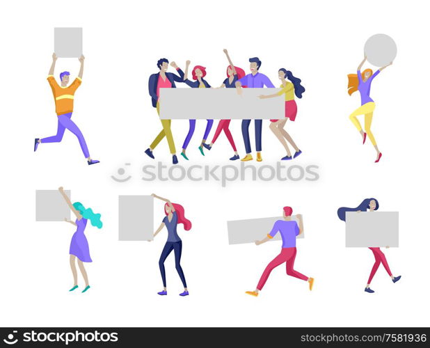 Business people moving, dancing and holding blank banner and stand. People taking part in parade or rally. Male and female protesters or activists. Modern vector illustration flat concepts character. Business people moving, dancing and holding blank banner and stand. People taking part in parade or rally. Male and female protesters or activists. Modern vector illustration flat concepts