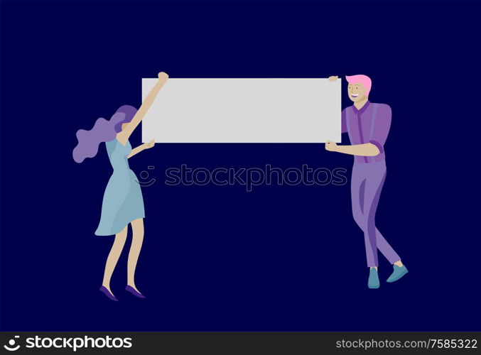 Business people moving, dancing and holding blank banner and stand. People taking part in parade or rally. Male and female protesters or activists. Modern vector illustration flat concepts character. Business people moving, dancing and holding blank banner and stand. People taking part in parade or rally. Male and female protesters or activists. Modern vector illustration flat concepts