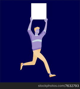 Business people moving, dancing and holding blank banner and stand. People taking part in parade or rally. Male and female protesters or activists. Modern vector illustration flat concepts character. Business people moving, dancing and holding blank banner and stand. People taking part in parade or rally. Male and female protesters or activists. Modern vector illustration flat concepts