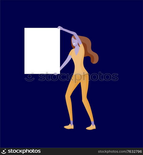 Business people moving, dancing and holding blank banner and stand. People taking part in parade or rally. Male and female protesters or activists. Modern vector illustration flat concepts character. Business people moving, dancing and holding blank banner and stand. People taking part in parade or rally. Male and female protesters or activists. Modern vector illustration flat concepts