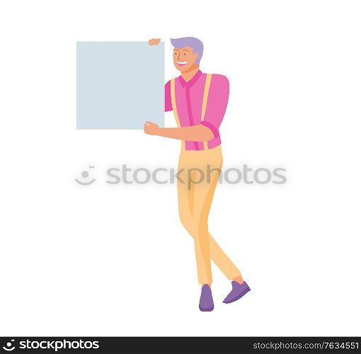 Business people moving, dancing and holding blank banner and stand. People taking part in parade or rally. Male and female protesters or activists. Modern vector illustration flat concepts character. Business people moving, dancing and holding blank banner and stand. People taking part in parade or rally. Male and female protesters or activists. Modern vector illustration flat concepts