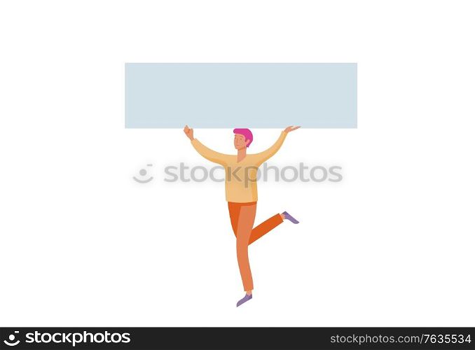 Business people moving, dancing and holding blank banner and stand. People taking part in parade or rally. Male and female protesters or activists. Modern vector illustration flat concepts character. Business people moving, dancing and holding blank banner and stand. People taking part in parade or rally. Male and female protesters or activists. Modern vector illustration flat concepts