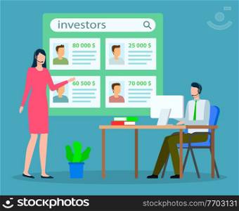 Business people near investor candidate list makes a choice. Business idea development, generation of innovation concept. Discussion about investors, brainstorming. Business and motivation banner. Discussion about investors, brainstorming. Business idea development, strategies generation concept