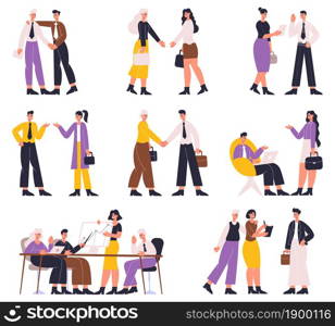 Business people negotiating, discussing, professional communication, brainstorming. Office workers business meeting conference vector illustration set. Formal negotiation. Professional business office. Business people negotiating, discussing, professional communication, brainstorming. Office workers business meeting or conference vector illustration set. Formal negotiation