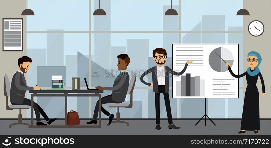 Business people of different races working in modern office,Teamwork, presentation and brainstorming,workplace interior,flat vector illustration.