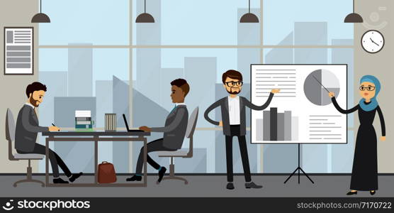 Business people of different races working in modern office,Teamwork, presentation and brainstorming,workplace interior,flat vector illustration.