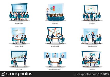 Business people of meeting or teamwork, brainstorming isolated on white, character in flat style vector illustration.