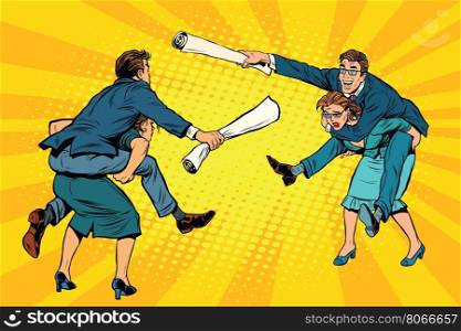Business people office battle, men riding women, pop art retro vector illustration. Gender inequality