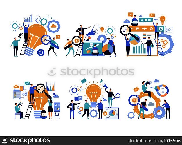 Business people. Office managers promoting and announcing various products creative digital marketing advertising vector characters. Illustration of people announcement advertising, teamwork promotion. Business people. Office managers promoting and announcing various products creative digital marketing advertising vector characters