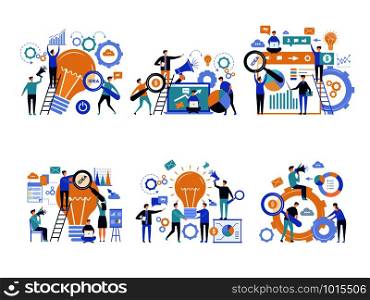 Business people. Office managers promoting and announcing various products creative digital marketing advertising vector characters. Illustration of people announcement advertising, teamwork promotion. Business people. Office managers promoting and announcing various products creative digital marketing advertising vector characters