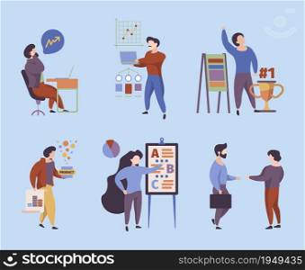 Business people. Office managers workers meeting persons talking business characters garish vector flat stylized pictures. Business company professional discussion and presentation illustration. Business people. Office managers workers meeting persons talking business characters garish vector flat stylized pictures