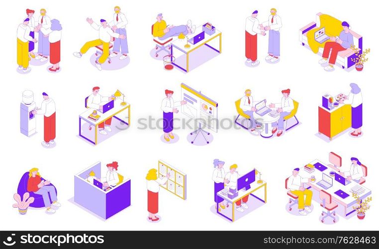 Business people office workplace bright isometric set with teamwork presentation meeting collaboration tasks planning lounge vector illustration