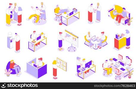 Business people office workplace bright isometric set with teamwork presentation meeting collaboration tasks planning lounge vector illustration