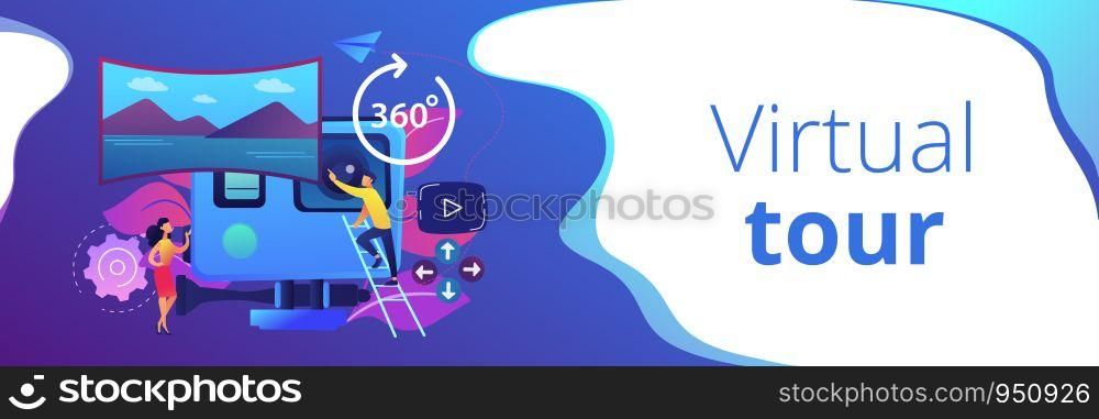 Business people on virtual reality tour 360 watching beautiful landscape and a camera. Virtual tour, 3d reality tours, virtual reality walk concept. Header or footer banner template with copy space.. Virtual tour concept banner header.