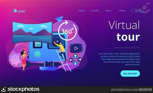 Business people on virtual reality tour 360 watching beautiful landscape and a camera. Virtual tour, 3d reality tours, virtual reality walk concept. Website vibrant violet landing web page template.. Virtual tour concept landing page.