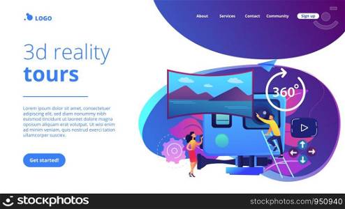 Business people on virtual reality tour 360 watching beautiful landscape and a camera. Virtual tour, 3d reality tours, virtual reality walk concept. Website vibrant violet landing web page template.. Virtual tour concept landing page.