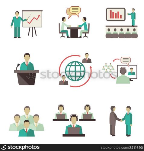 Business people online global discussions teamwork collaboration, meetings and presentations concept icons set isolated vector illustration