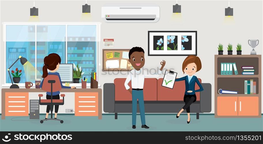 Business people or office workers on workplace in modern office,interior with furniture and plants,flat vector illustration