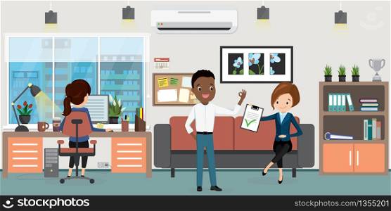 Business people or office workers on workplace in modern office,interior with furniture and plants,flat vector illustration