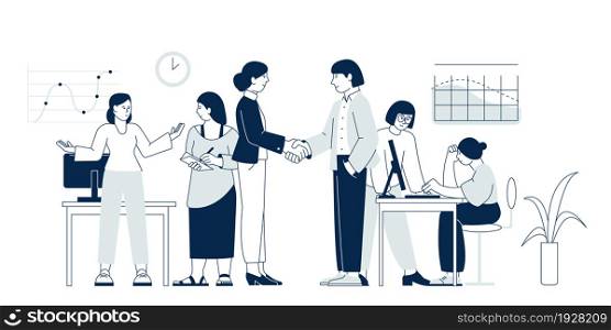 Business people partnership concept. Meeting professional, businesswomen office team. Discussion and communication recent vector scene. Illustration of partnership and business team. Business people partnership concept. Meeting professional, businesswomen office team. Discussion and communication recent vector scene
