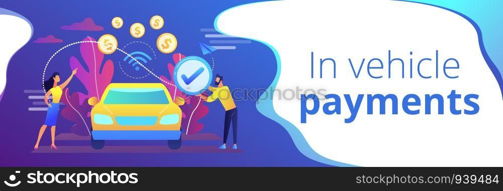 Business people paying in vehicle equiped with in-car payment system. In vehicle payments, in-car payment technology, modern retail services concept. Header or footer banner template with copy space.. In vehicle payments concept banner header.