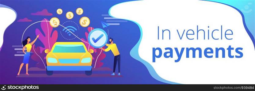 Business people paying in vehicle equiped with in-car payment system. In vehicle payments, in-car payment technology, modern retail services concept. Header or footer banner template with copy space.. In vehicle payments concept banner header.