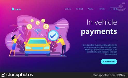 Business people paying in vehicle equiped with in-car payment system. In vehicle payments, in-car payment technology, modern retail services concept. Website vibrant violet landing web page template.. In vehicle payments concept landing page.