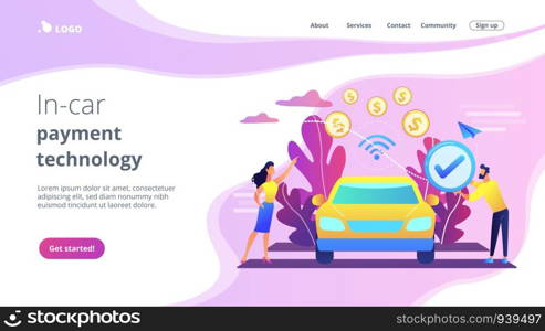 Business people paying in vehicle equiped with in-car payment system. In vehicle payments, in-car payment technology, modern retail services concept. Website vibrant violet landing web page template.. In vehicle payments concept landing page.