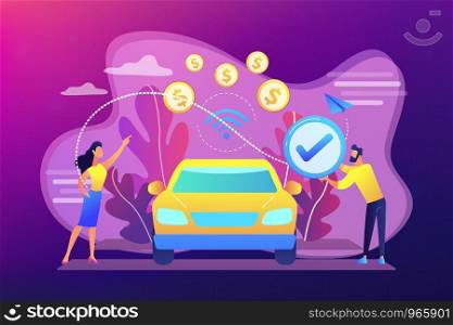 Business people paying in vehicle equiped with in-car payment system. In vehicle payments, in-car payment technology, modern retail services concept. Bright vibrant violet vector isolated illustration. In vehicle payments concept vector illustration.