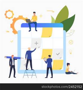 Business people planning and working with task board. Staff, scheduling, teamwork concept. Vector illustration can be used for topics like business, management, planning. Business people planning and working with task board