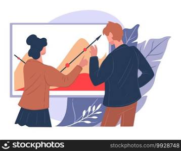 Business people planning new business strategy, implementing innovations and leading company to success. Management and increasing profits. Man and woman looking at chart, vector in flat style. Employees thinking on business strategy at work, planning and management