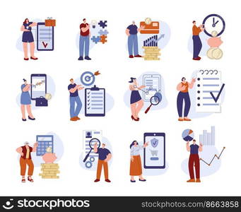 Business people point at time management and financial. Accounting, man woman indicate direction at checklist, deadline or store. Kicky smart vector characters of business financial illustration. Business people point at time management and financial elements. Accounting, man woman indicate direction at checklist, deadline or store. Kicky smart vector characters