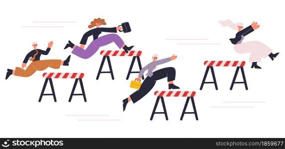 Business people professional competition challenge metaphor. Office characters competing hurdle race vector illustration. Employees steeplechase metaphor competition with obstacle to reach success. Business people professional corporate competition challenge metaphor. Office characters competing hurdle race vector illustration. Employees steeplechase metaphor competition