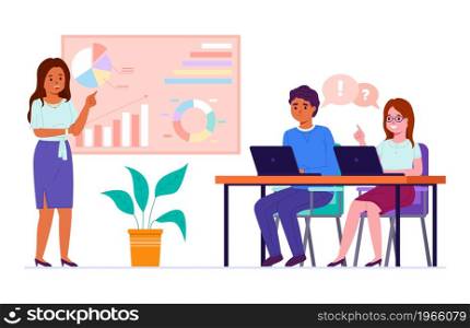 Business people project presentation. Woman indicates statistics on conference, office team meeting, schedules discussion, manager and employee brainstorming vector cartoon flat style isolated concept. Business people project presentation. Woman indicates statistics on conference, office team meeting, schedules discussion, manager and employees vector cartoon flat style isolated concept