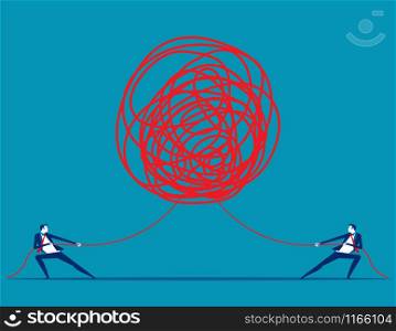 Business people pulling at tangled rope in opposite directions. Concept business vector illustration.